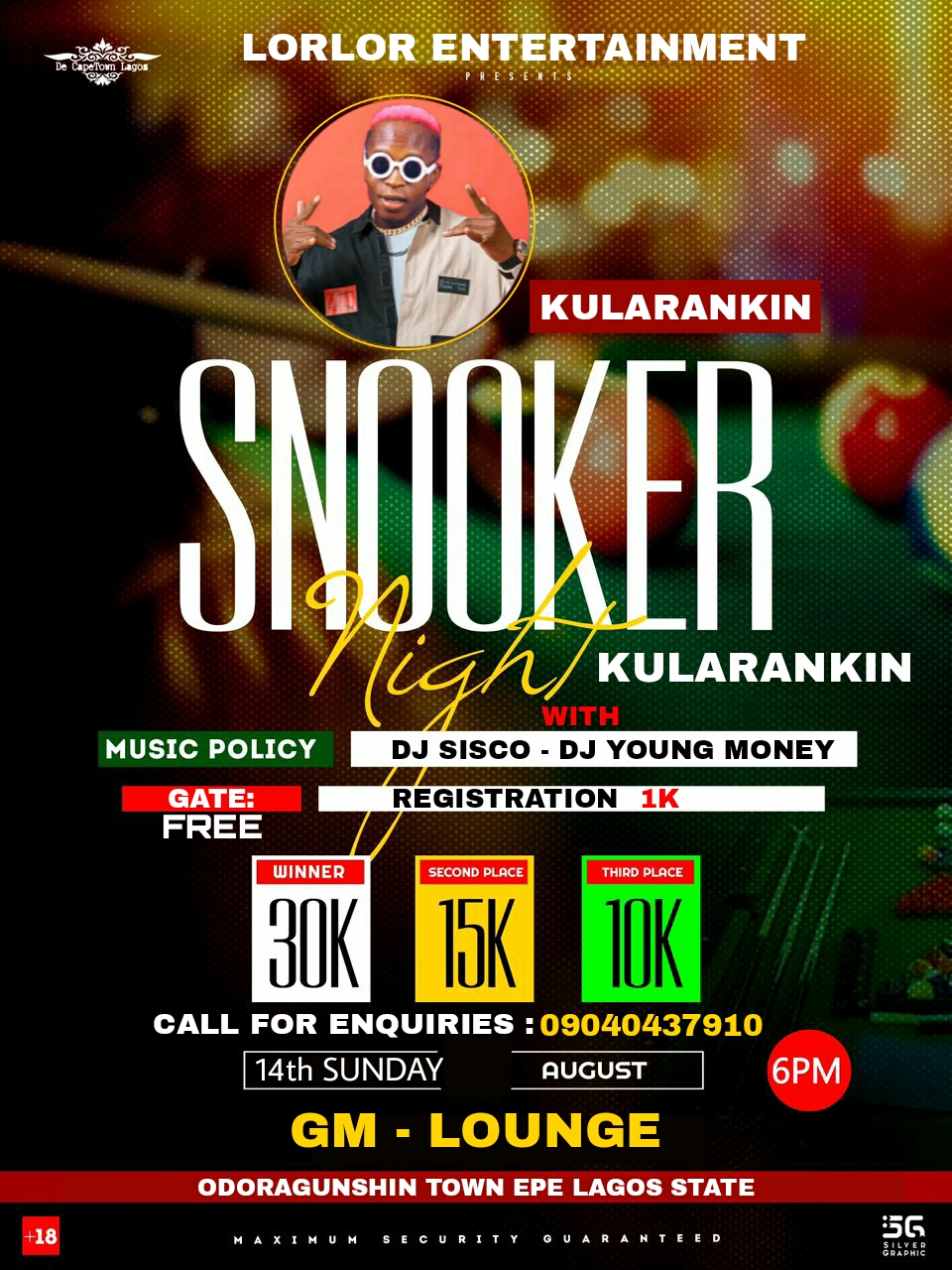 SNOOKER'S NIGHT with KULARANKIN Post free event in Nigeria using tickethub.ng, buy and sell tickets to event