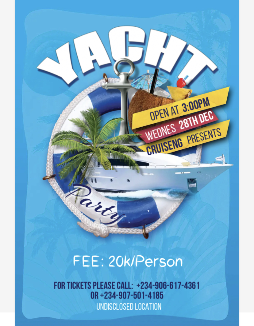 YATCH PARTY Post free event in Nigeria using tickethub.ng, buy and sell tickets to event